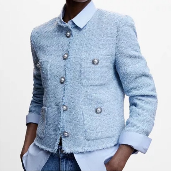Mango Blogger Favorite Pocket Tweed Jacket Light Blue Pearl Buttons NWT Size XL - Picture 4 of 12